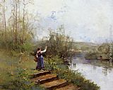 Eugene Galien-Laloue Paysanne au bord de la riviere painting